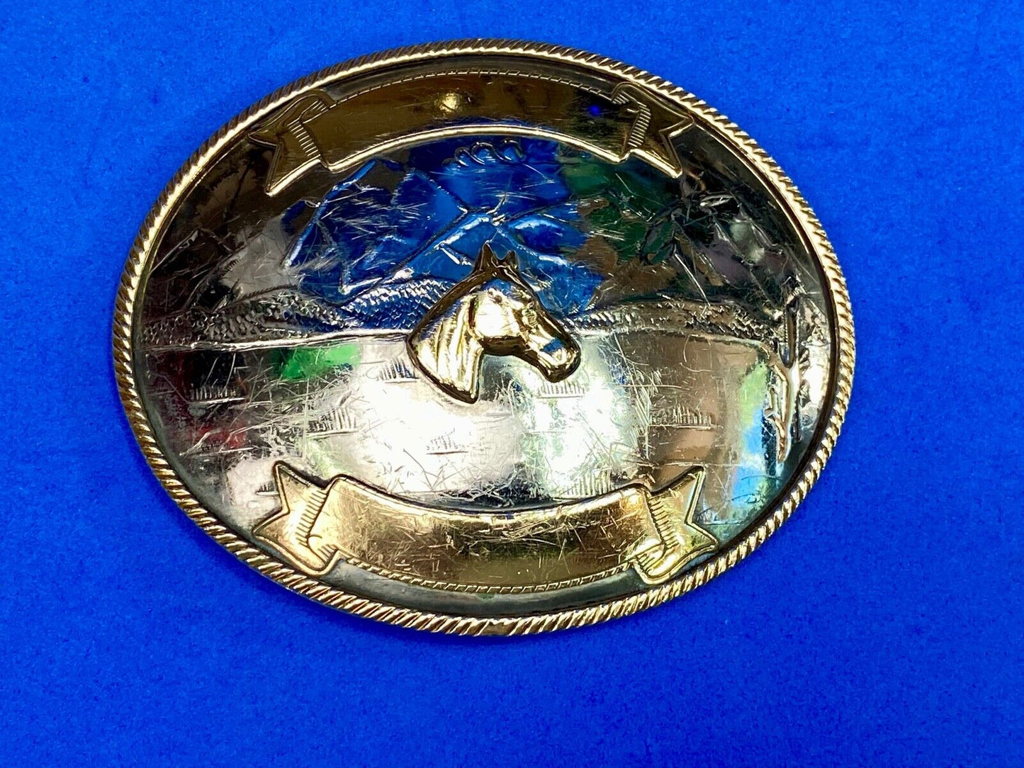  Vintage Horse Head Bust German Silver Art Western Award Scroll Belt Buckle 