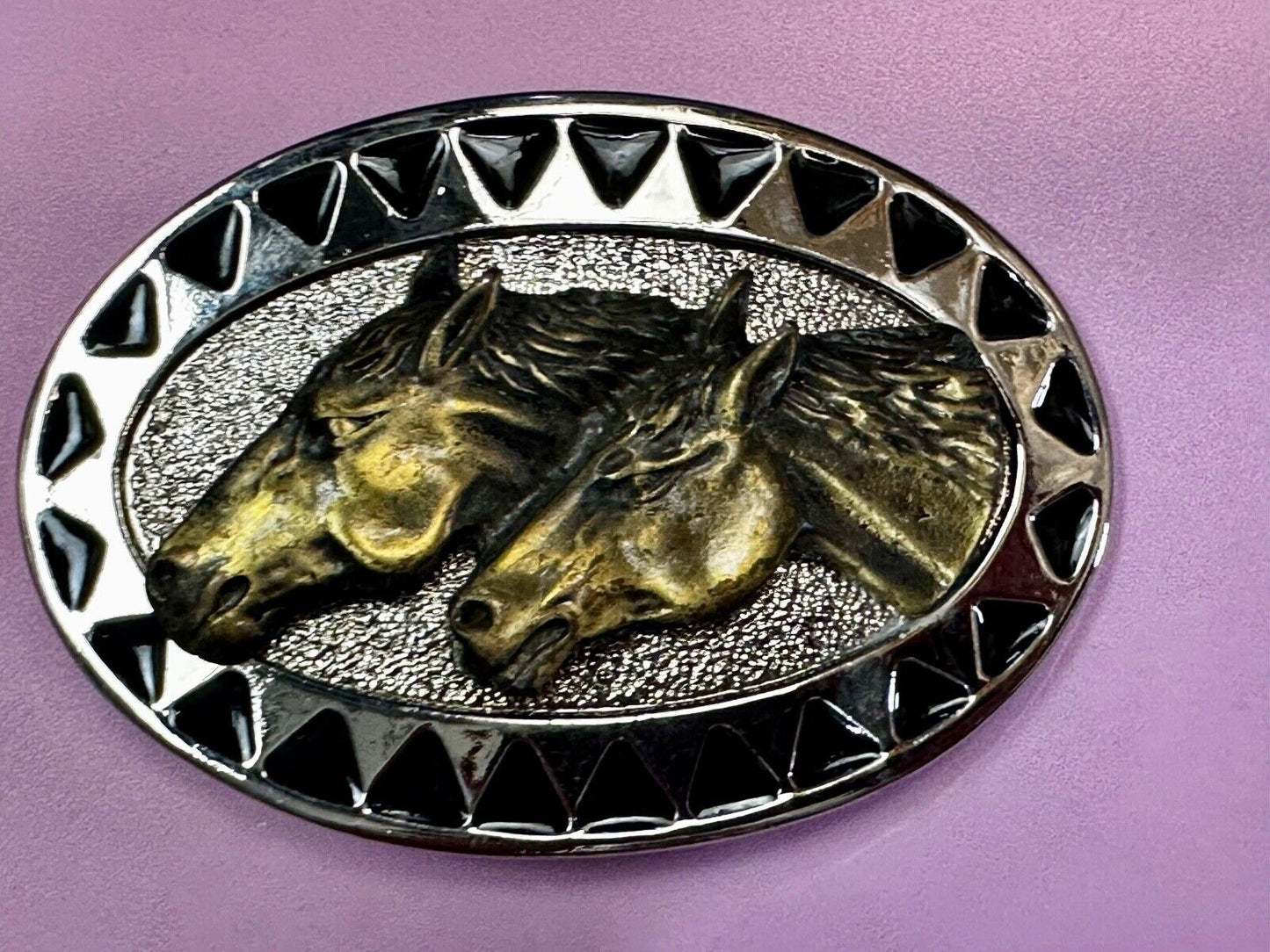 Two Horse Head -  Vintage two tone oval Belt Buckle with black arrow boarder