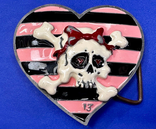 3D Heart Shaped Skull with Bow Cross Bone Ladies Belt Buckle Lucky 13 Apparel