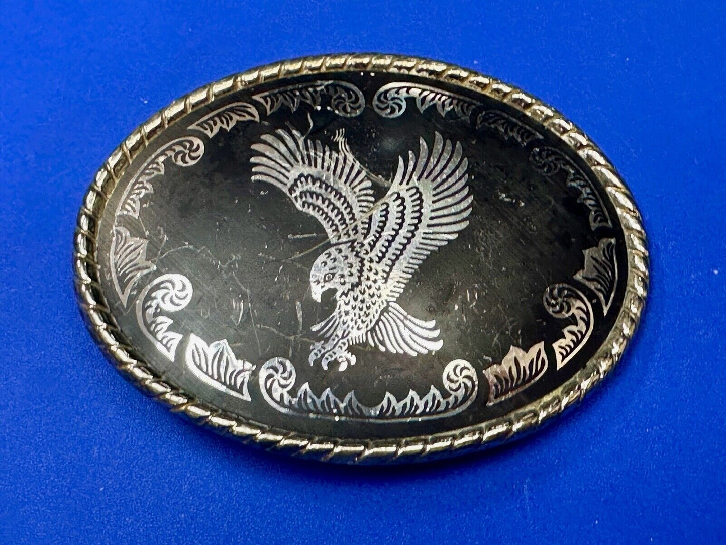 American Eagle black & silver tone Mixed metal vintage belt buckle marked W