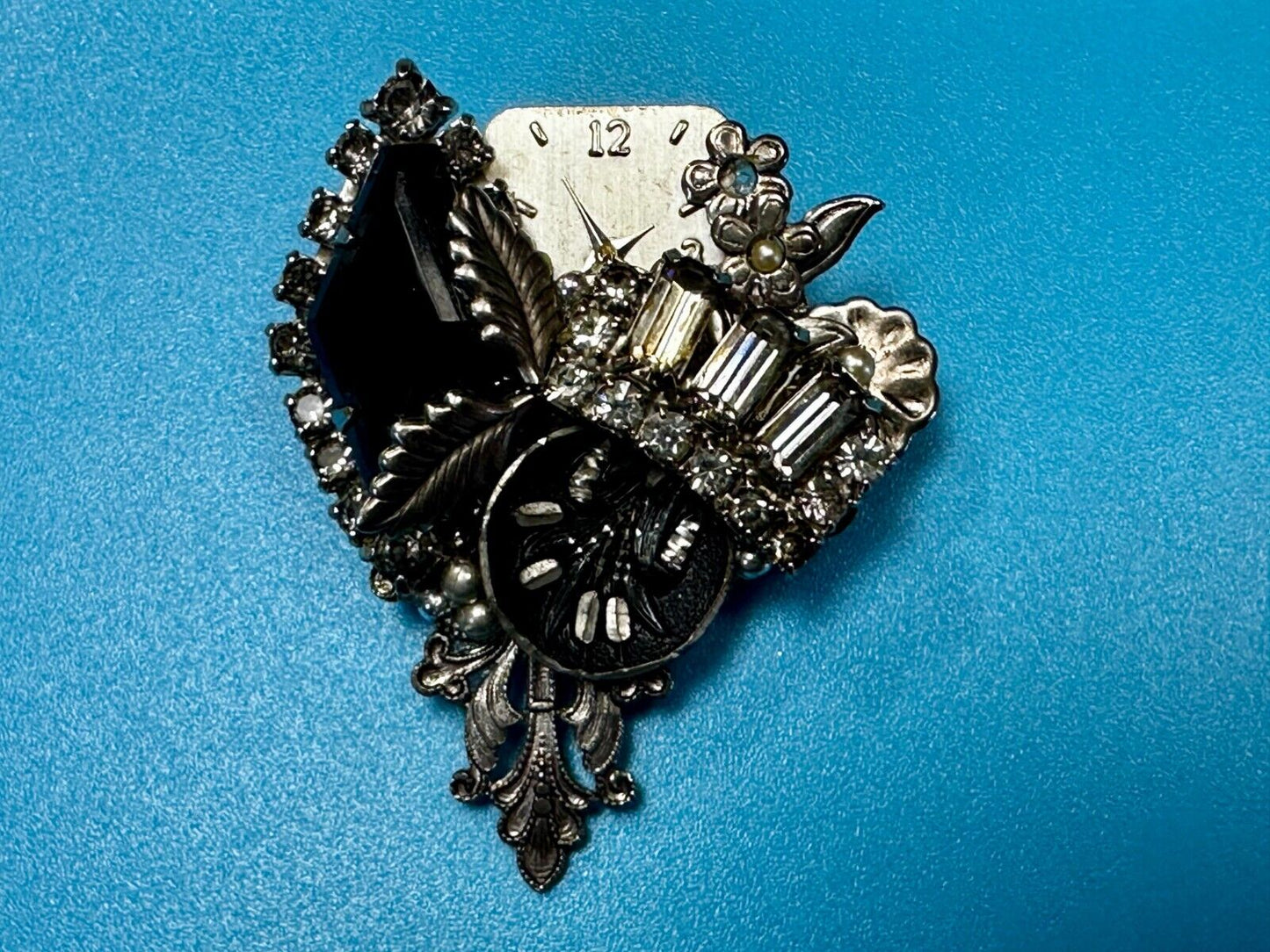 Victorian Style Flower Clocks with Rhinestone Artisan Silver Tone Brooch Pin