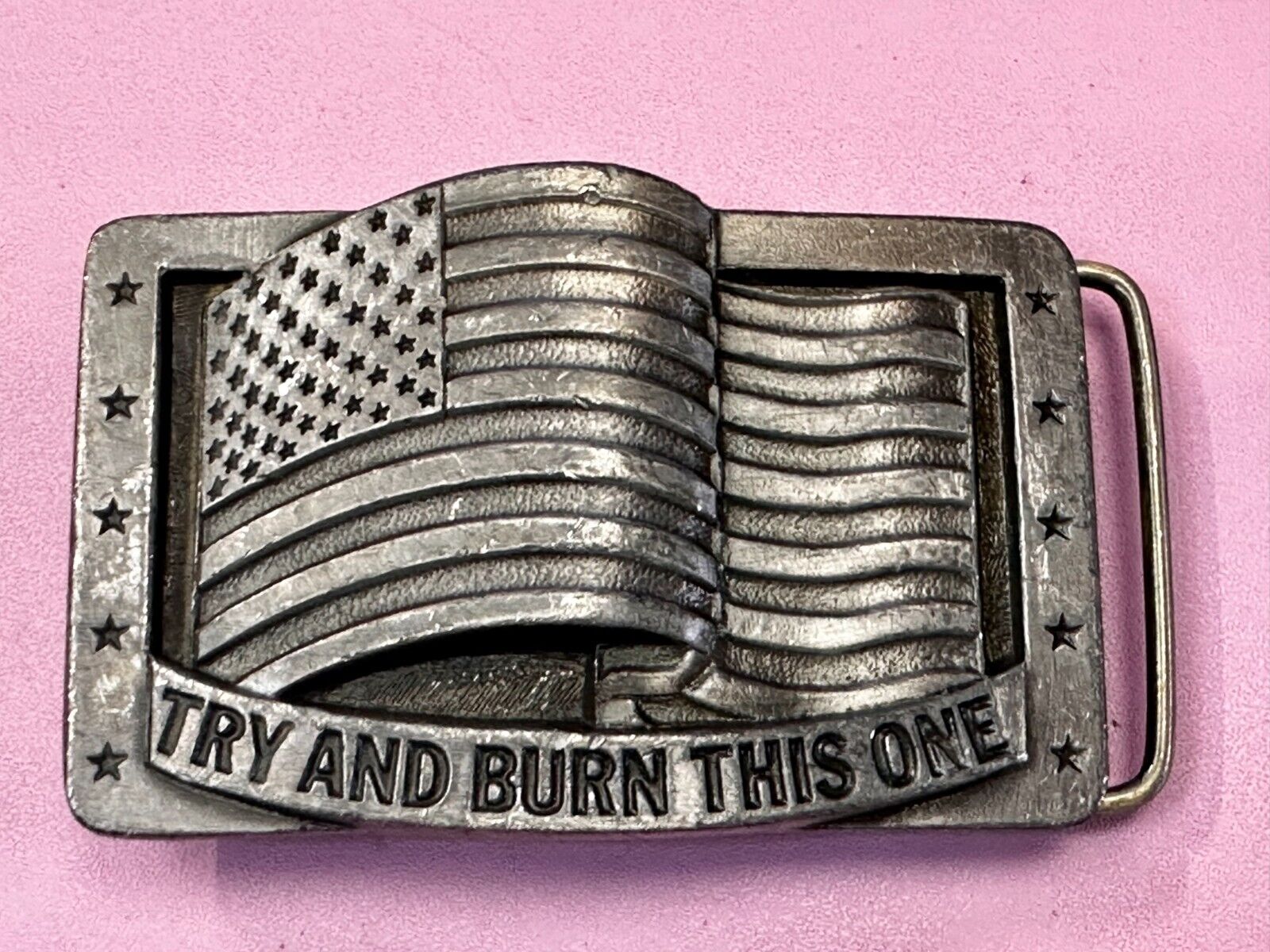 Try And Burn This One Patriotic American Flag USA Vintage 1990 Belt Buckle by CJ
