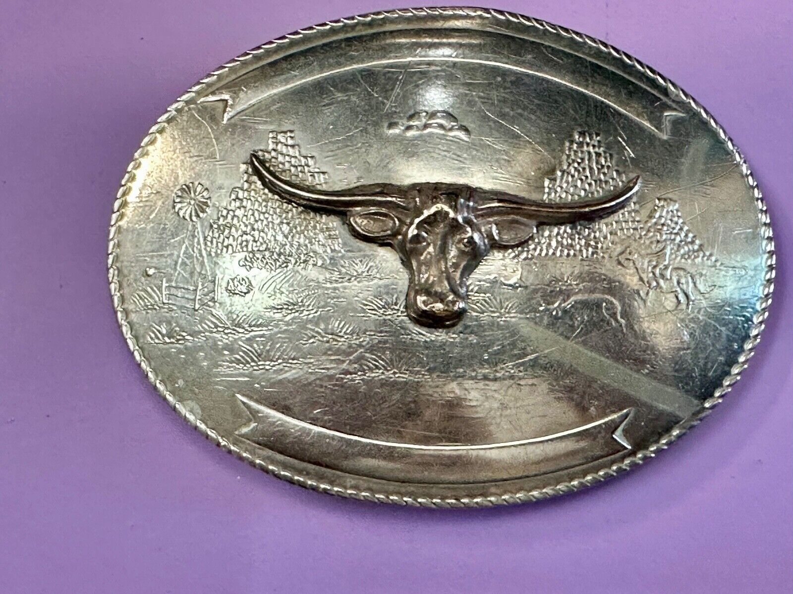 Texas longhorn - Vintage Artisan? two tone engraved award ribbon Belt Buckle