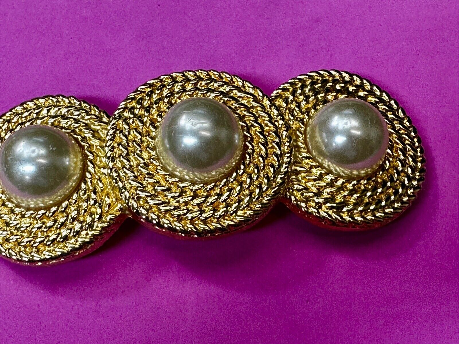 Three Round Faux Pearl's HUGE Statement Large Gold Tone Vintage Belt Buckle