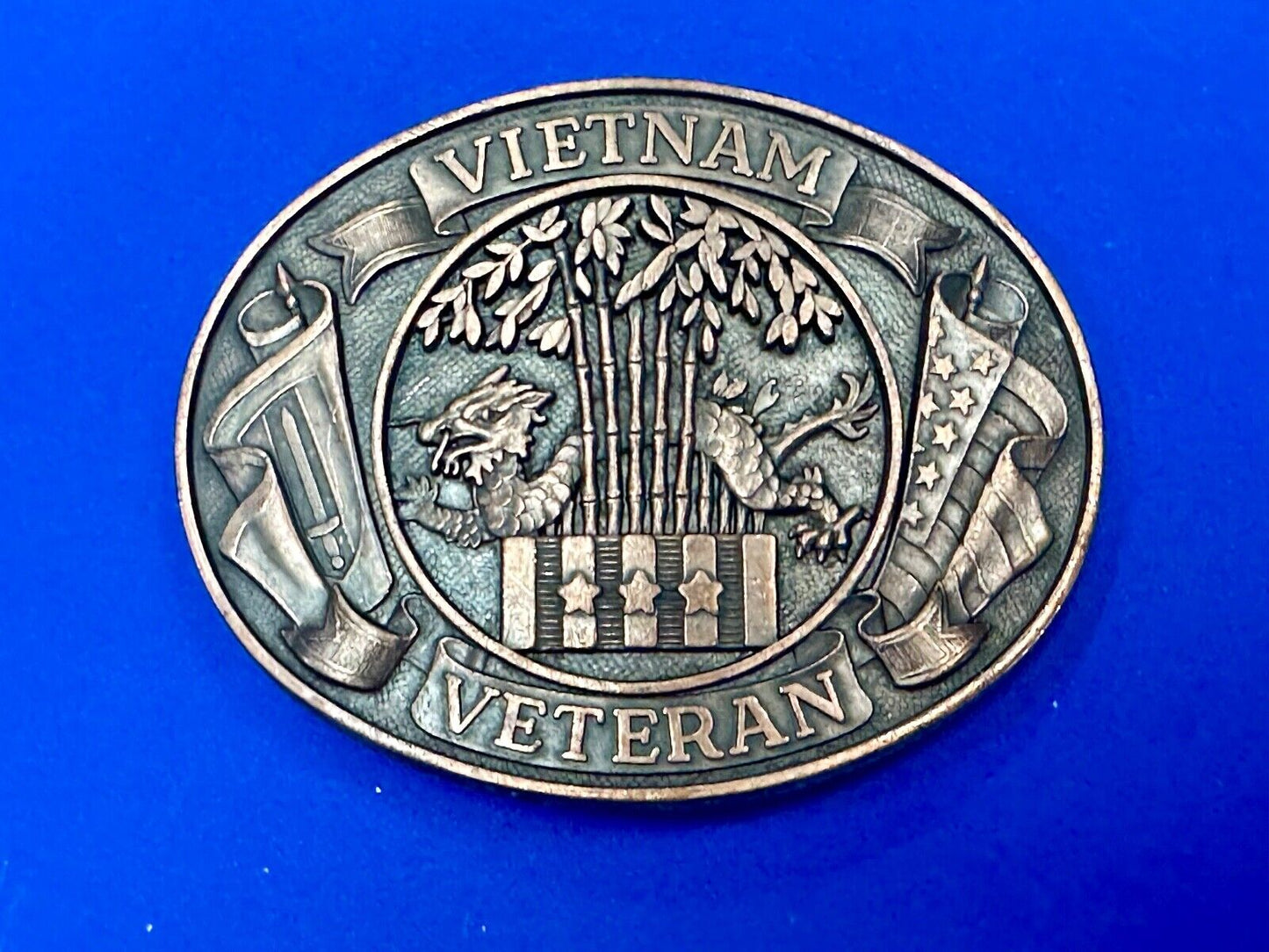 Vietnam War Veteran - vintage dragon, Patriotic American Flag oval belt buckle