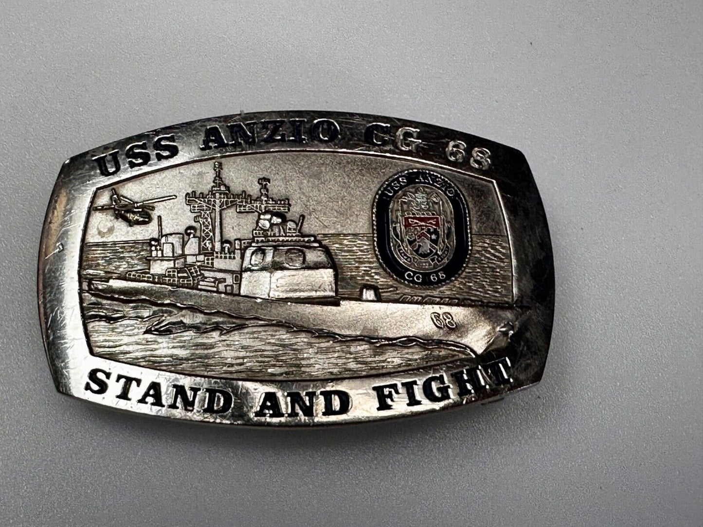 U.S.S. Anzio CG 68 Missile Cruiser Ship Stand and Fight US Navy Vtg. Belt Buckle