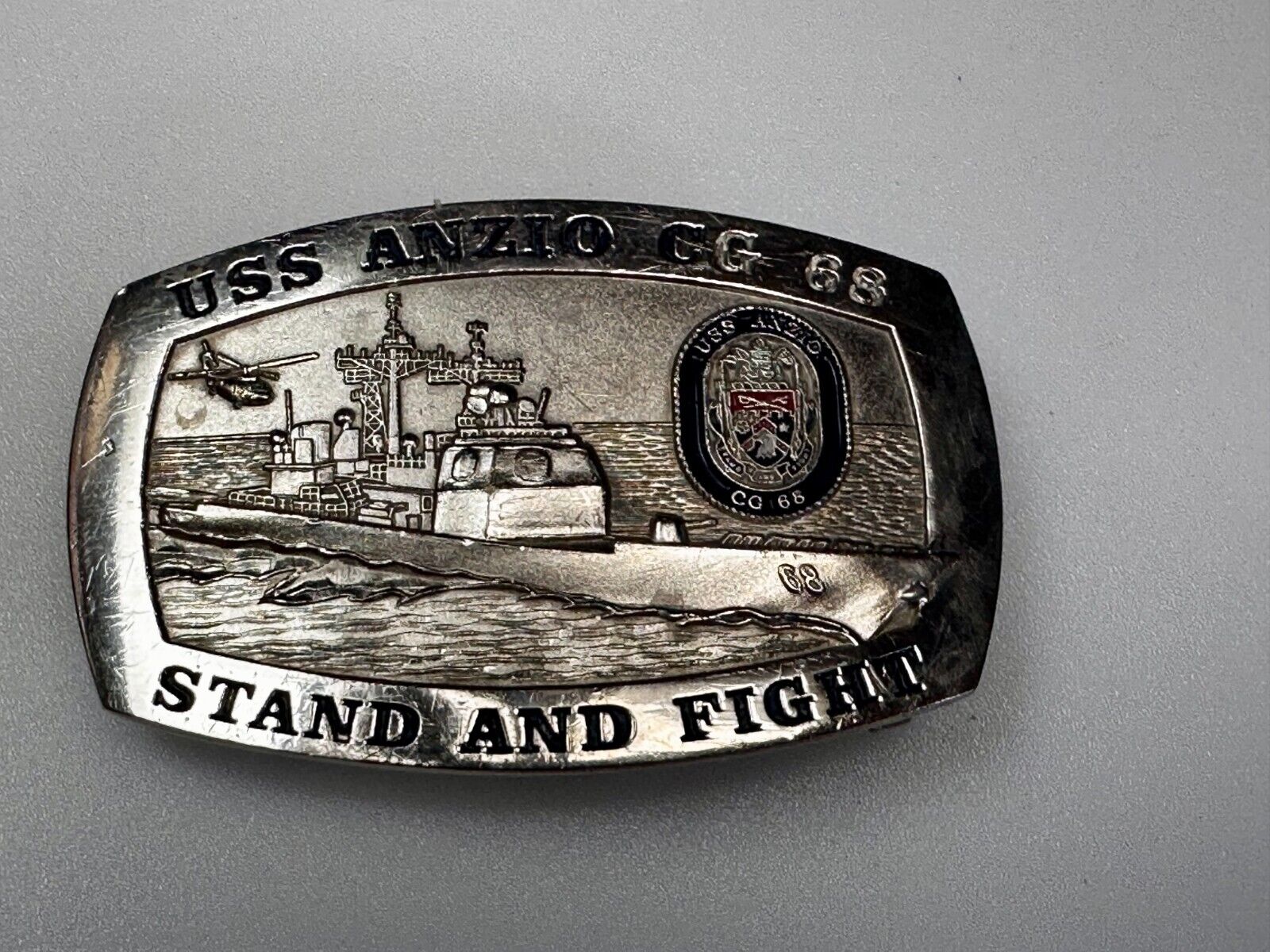 U.S.S. Anzio CG 68 Missile Cruiser Ship Stand and Fight US Navy Vtg. Belt Buckle