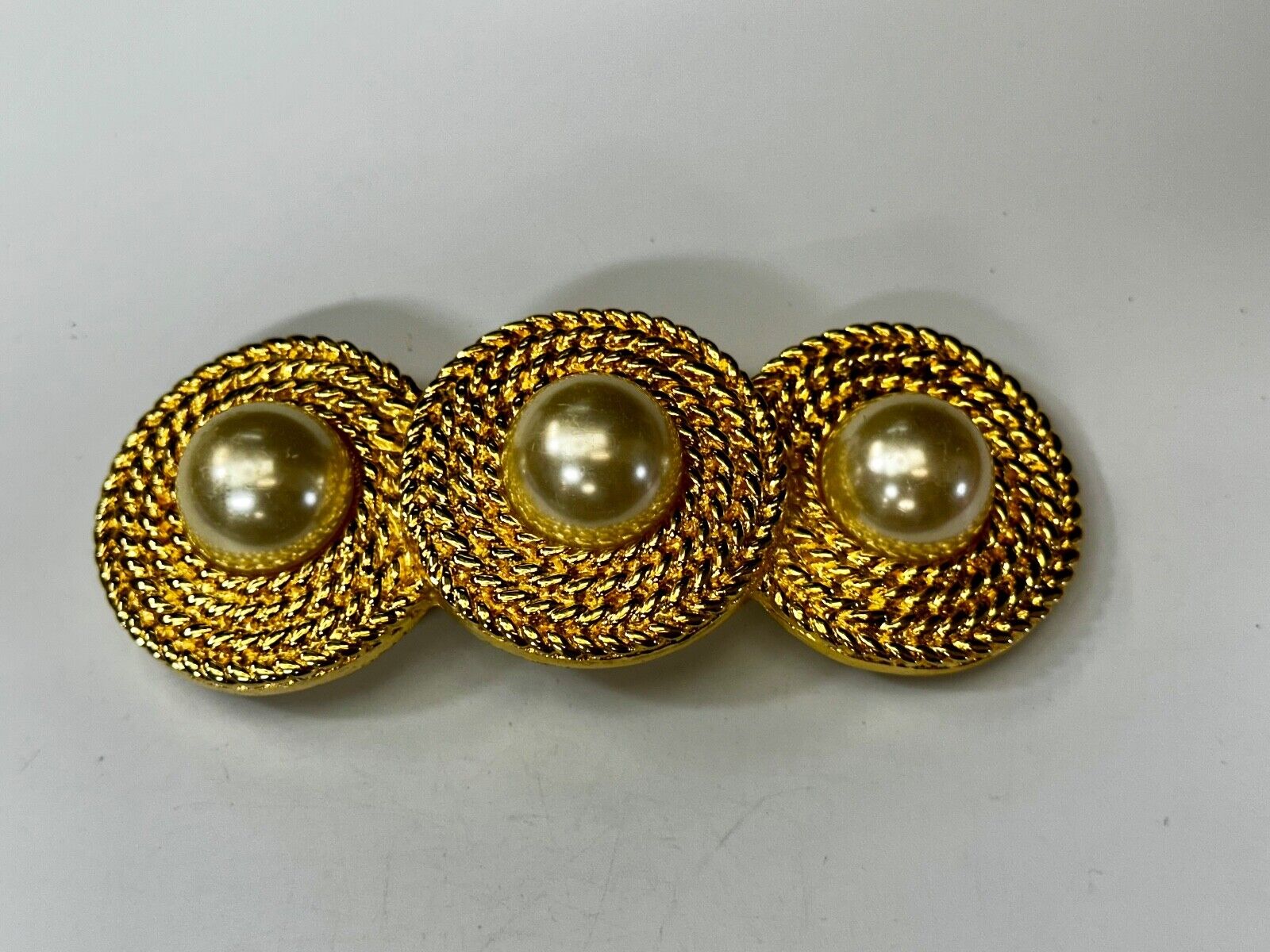 Three Round Faux Pearl's HUGE Statement Large Gold Tone Vintage Belt Buckle