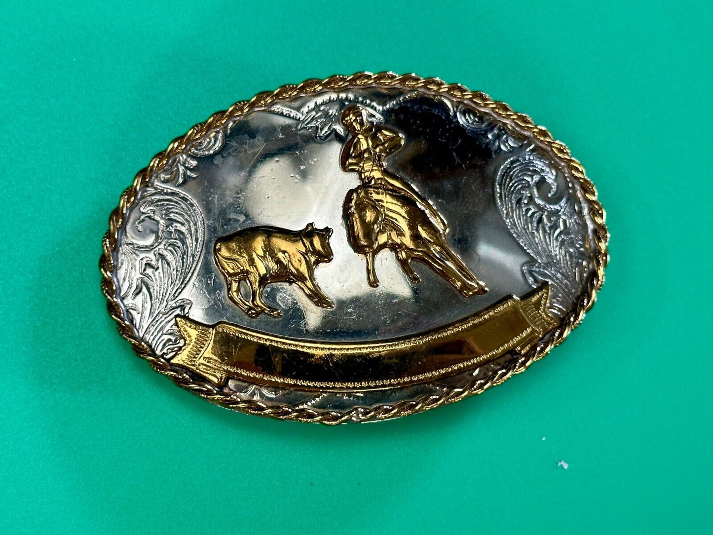 Vintage German Silver Rodeo Cowboy With Blank Award Trophy Ribbon belt buckle