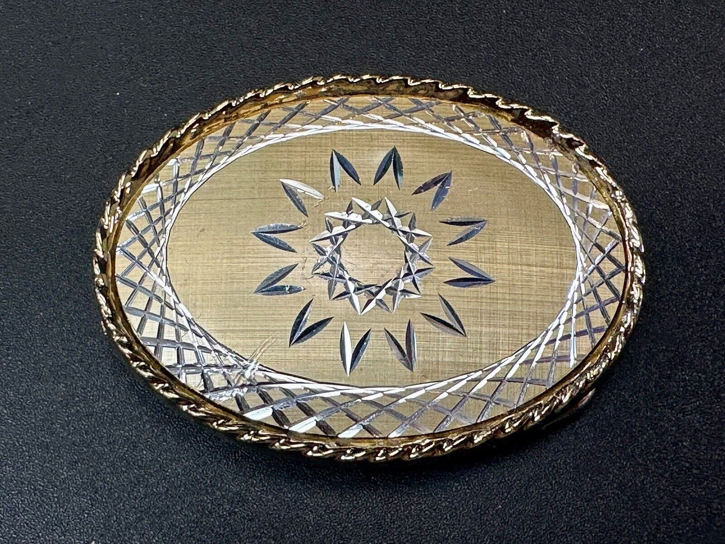 vintage gold tone starburst design oval belt buckle marked W