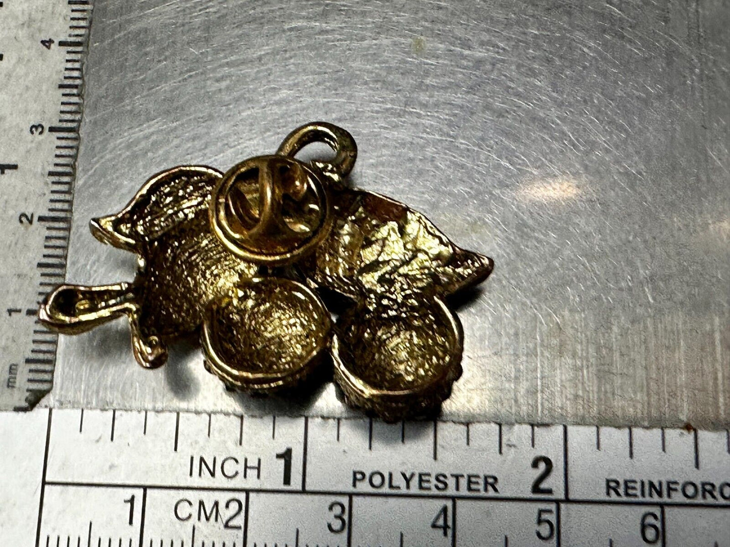 Two Cherries Cluster Fruits Vtg. Rhinestone Covered Figural Gold Tone Brooch Pin