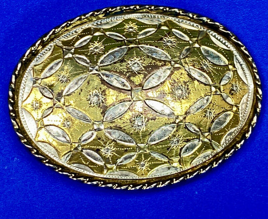 Vintage Gold & Silver Color Etched Starburst Pattern Oval Belt Buckle Marked W