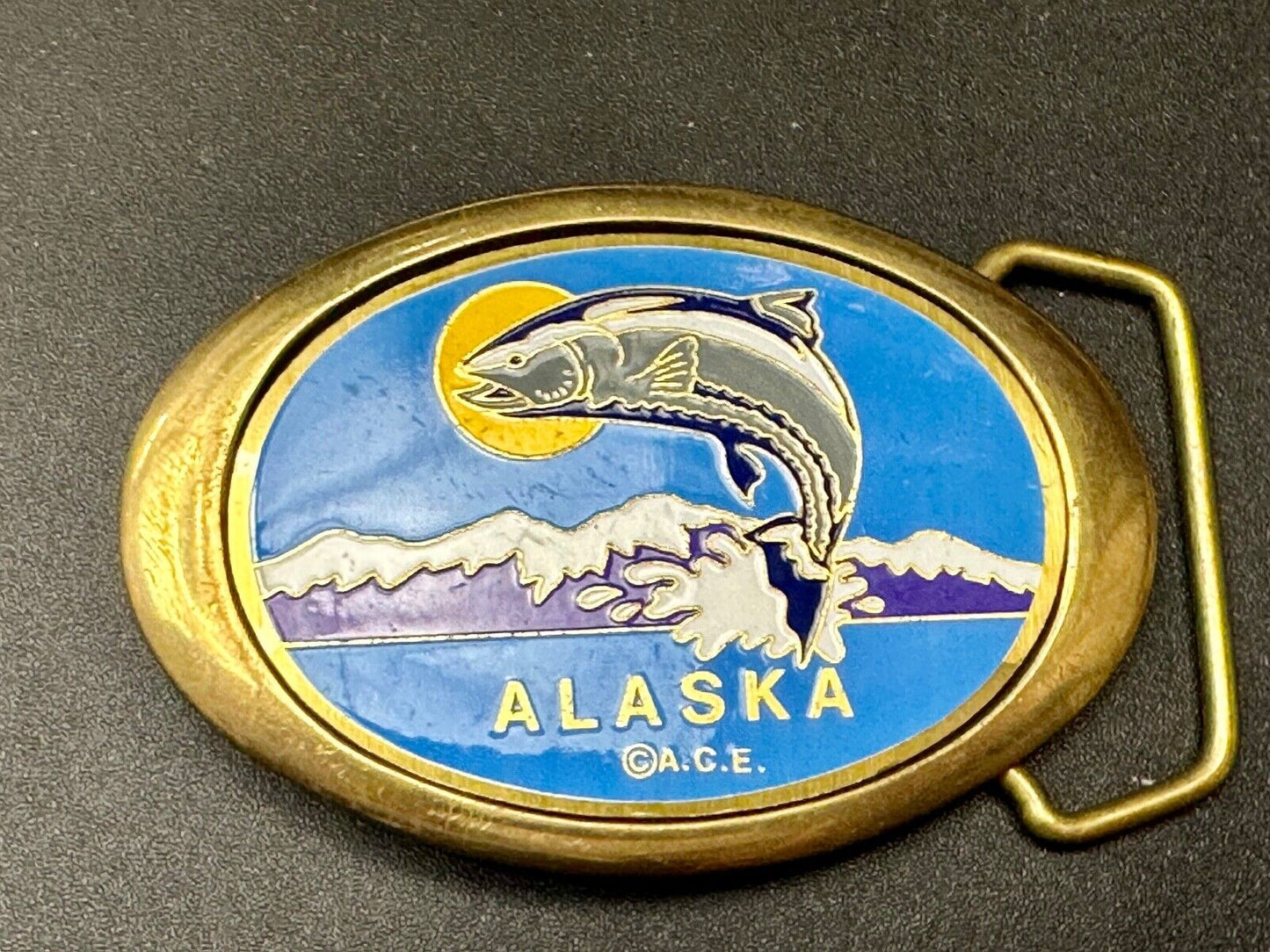 Alaska A.C.E. Jumping Fish - Vintage Solid Brass oval Belt Buckle  QB-101