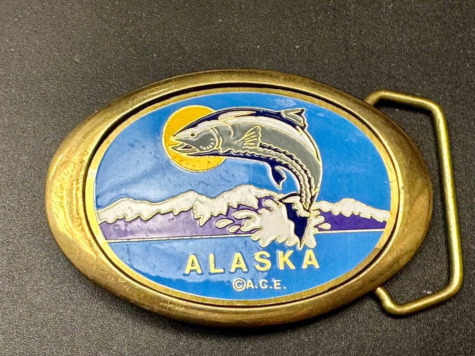 Alaska A.C.E. Jumping Fish - Vintage Solid Brass oval Belt Buckle  QB-101