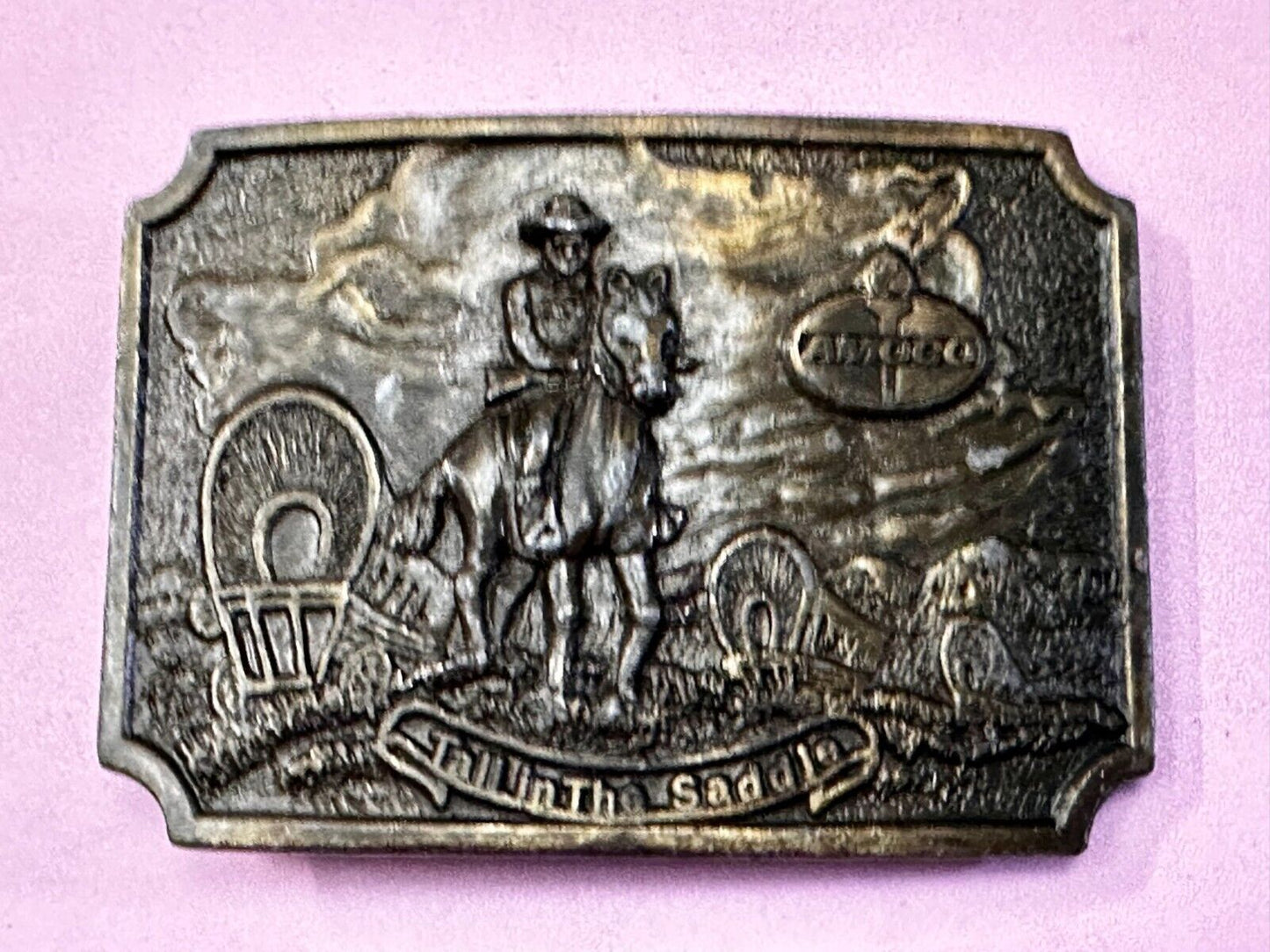 Amoco Oil Tall in the Saddle Wagon Brass Tone Western Cowboy Horse Belt Buckle