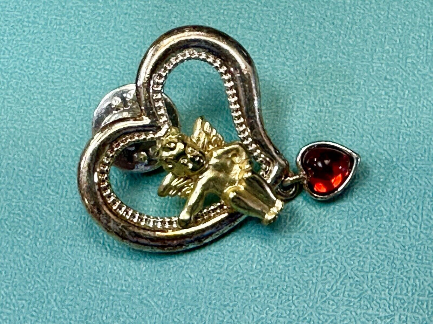 Angle Sitting in Heart Shaped Brooch pin with red heart dangle charm