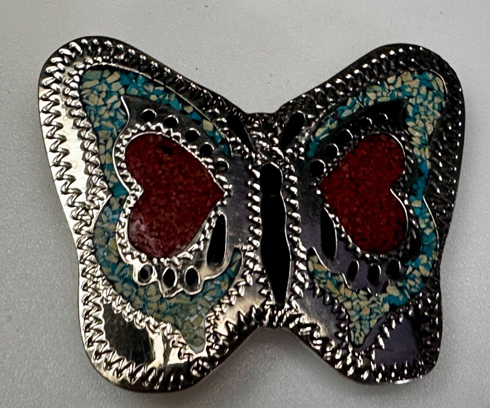 Beautiful Butterfly Figural Turquoise Coral Chips Inlay Cutout 3" Belt Buckle