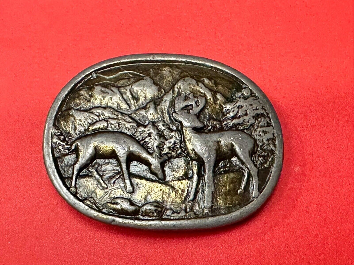 two deer grazing in nature - hunters western belt buckle