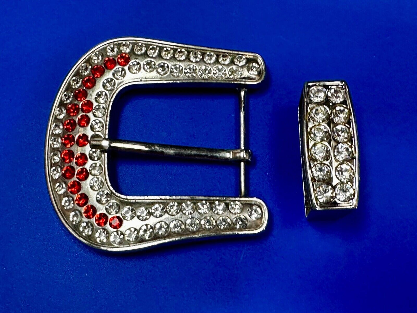 Two Piece Ranger Silver Tone Rhinestone Covered Belt Buckle Set  - with Keeper