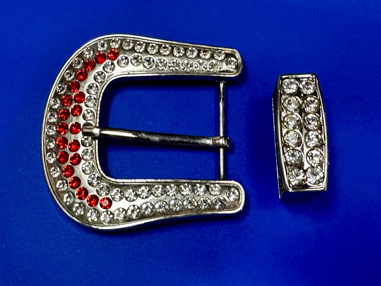 Two Piece Ranger Silver Tone Rhinestone Covered Belt Buckle Set  - with Keeper