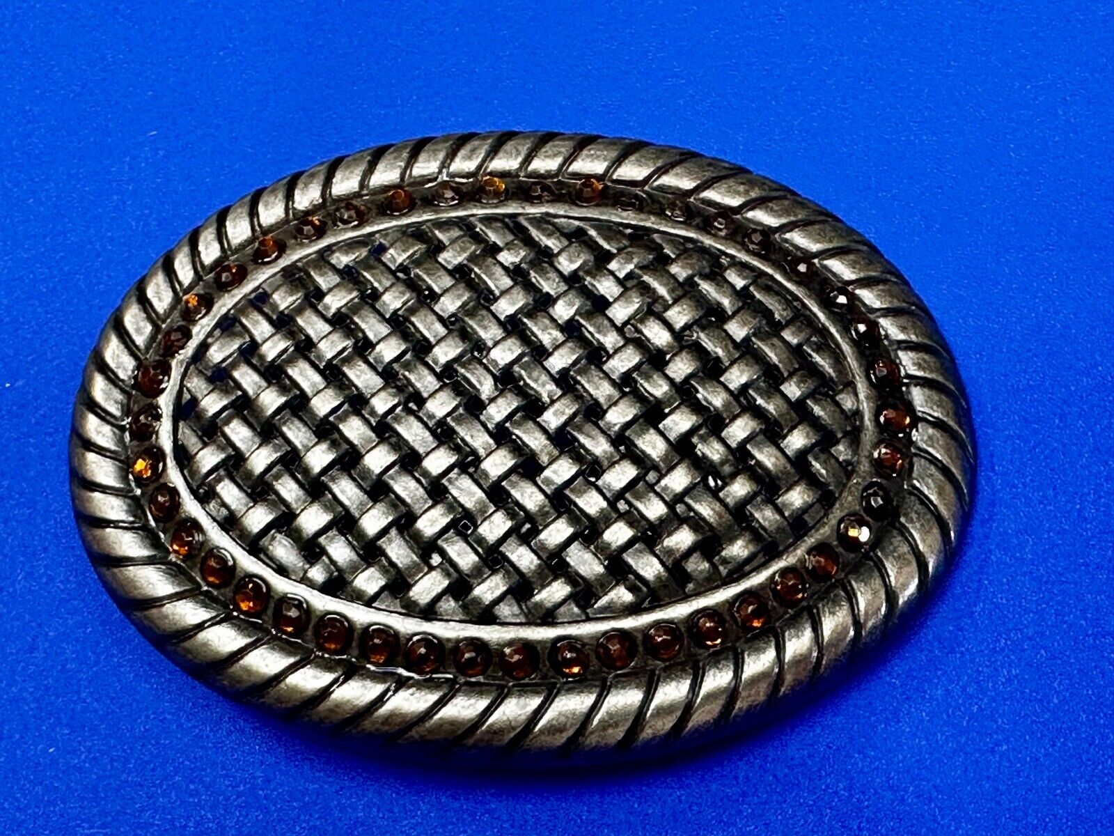 Basket Weave Design Rhinestone Border Vintage Metal Oval Belt Buckle