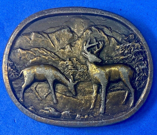 Two Deer Grazing In Nature Vintage Brass Tone Belt Buckle 