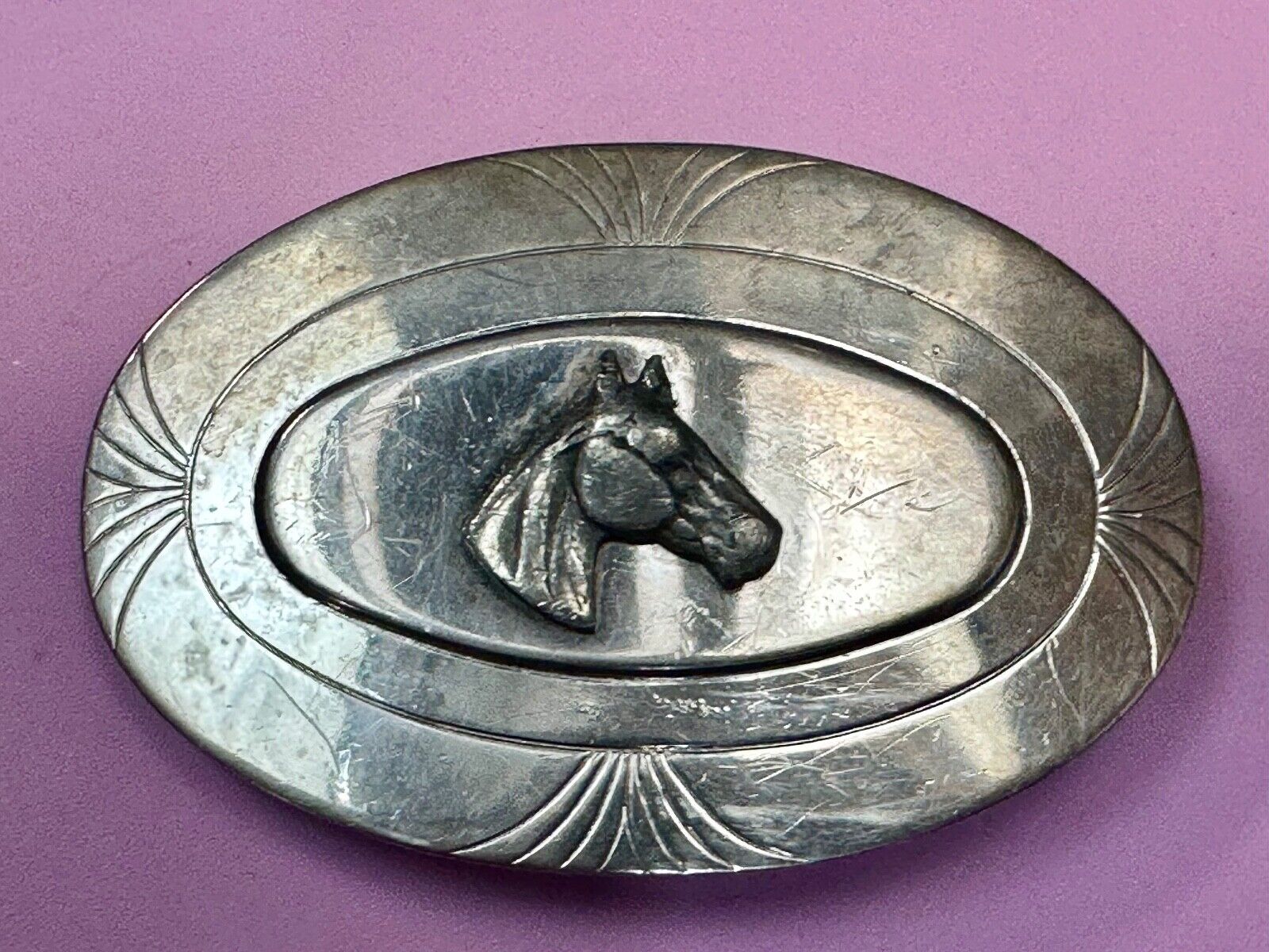 Vintage Horse Head Nickel Silver Oval Belt Buckle by The LynTone Company