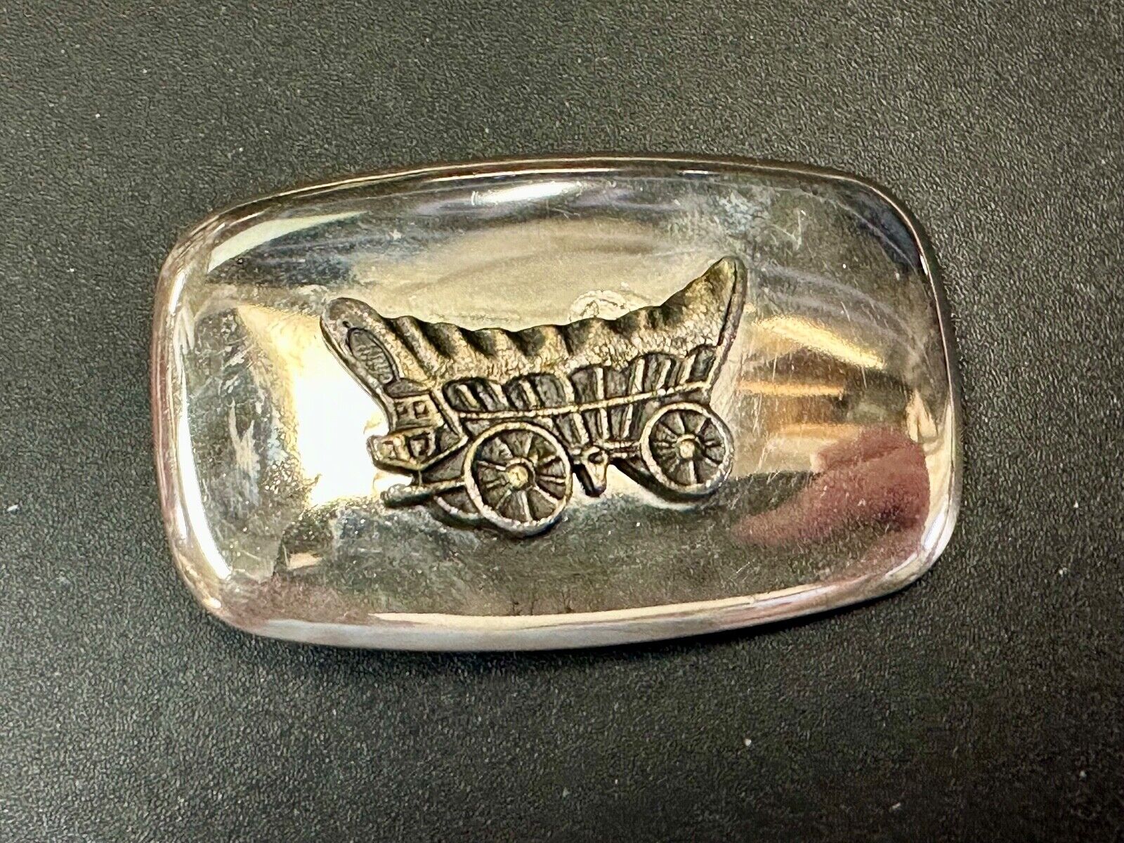 70s Covered Wagon two tone reflective rounded corner USA made belt buckle