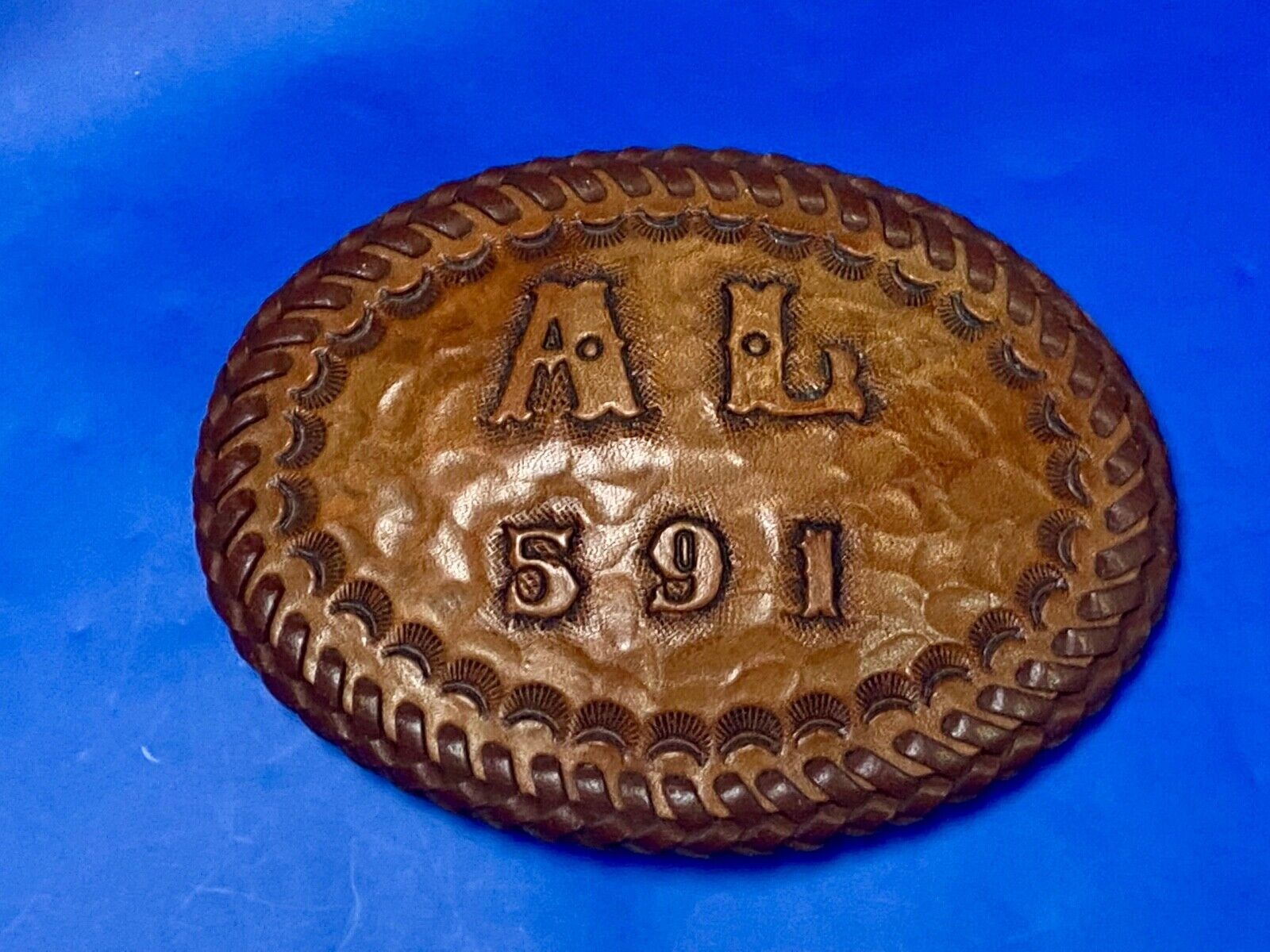 Al 591 Large Leather Tooled Stitched Name Western Belt Buckle.