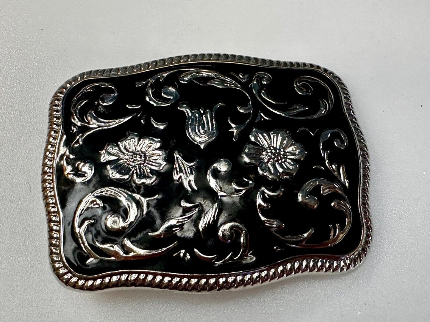 Black & Silver Color Ornate Western Flower Swirl Floral Theme Belt Buckle