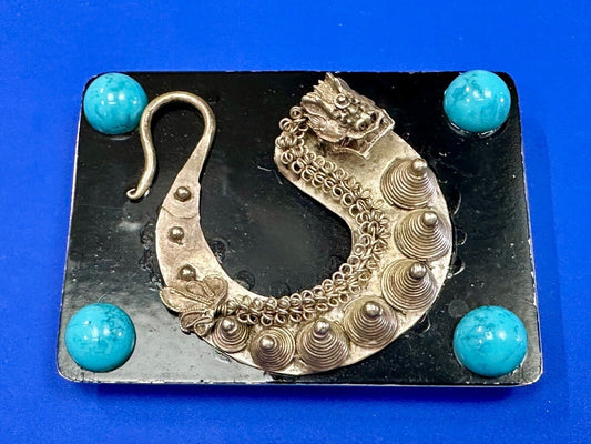 Artisan Dragon theme rectangular belt buckle with turquoise colored corner accts
