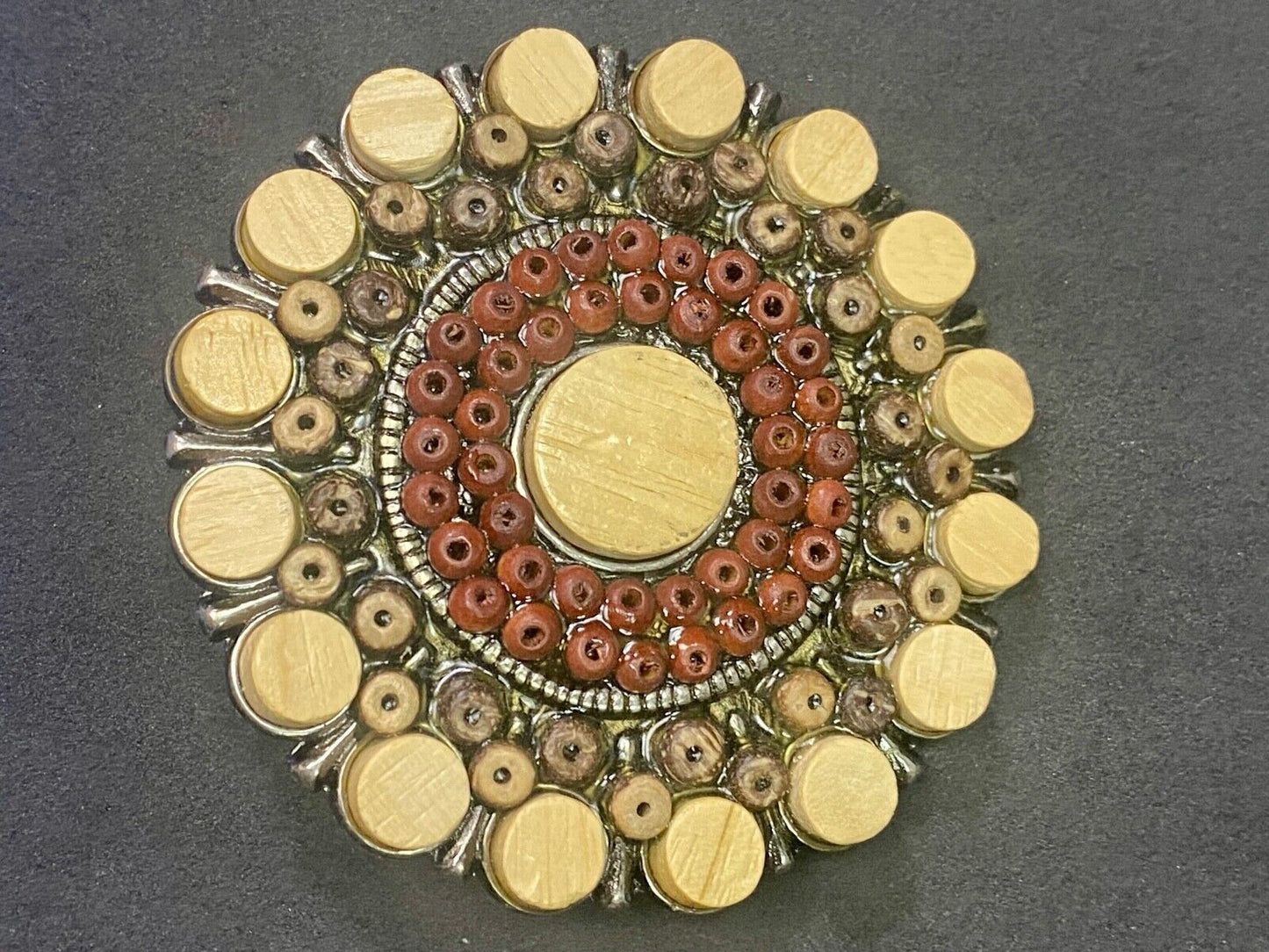 Unique Faux Wood Beads In Circular Pattern Cut Out Belt Buckle 