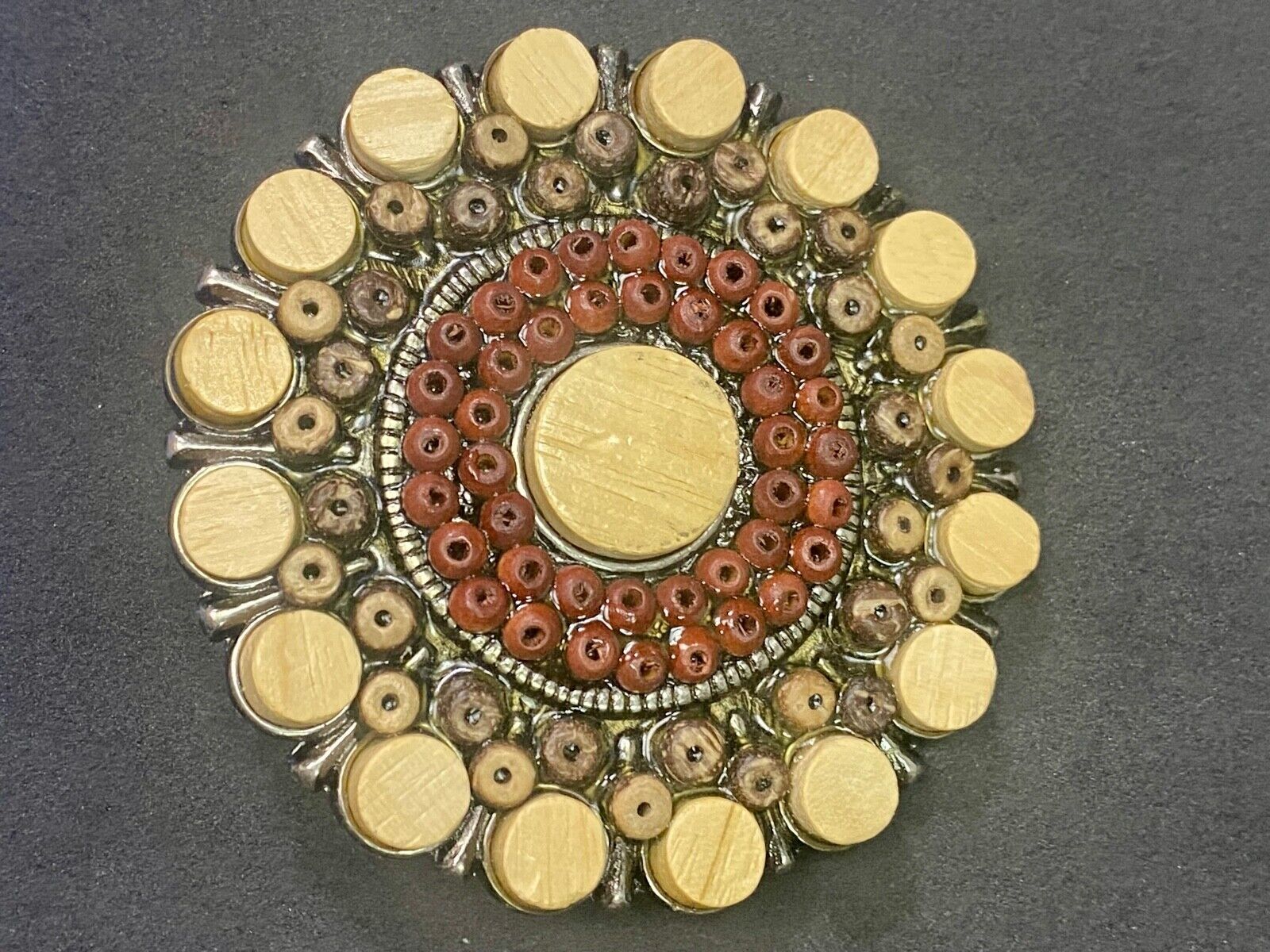 Unique Faux Wood Beads In Circular Pattern Cut Out Belt Buckle 