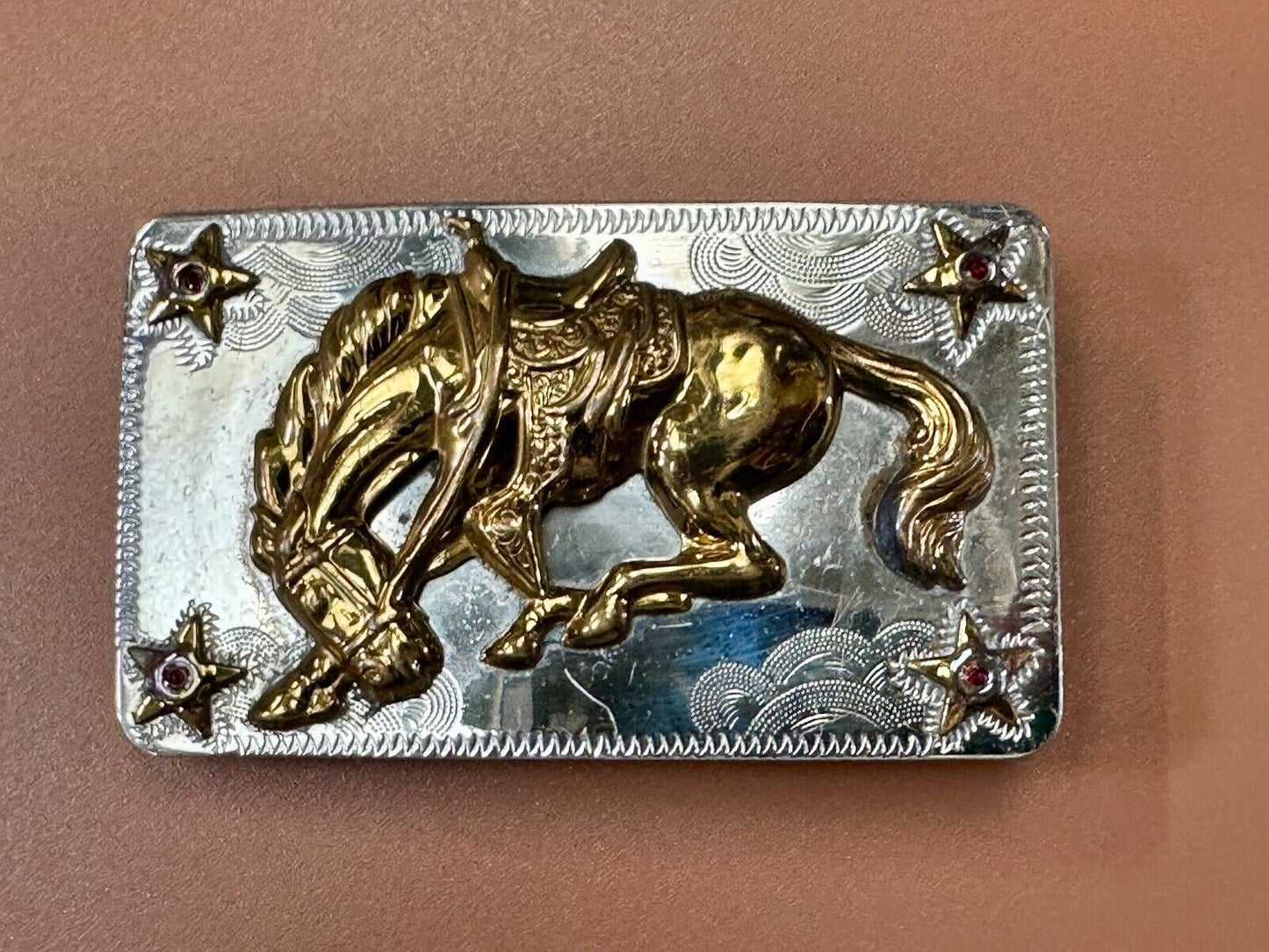 Vintage Horse w/  head down end of the trail Nickel Silver belt buckle w/ Stars