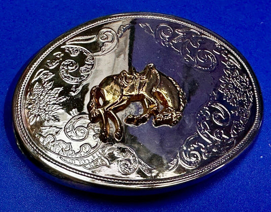 Vintage Cowboy Saddle Bronc Bucking Horse Two Tone Oval Engraved Belt Buckle