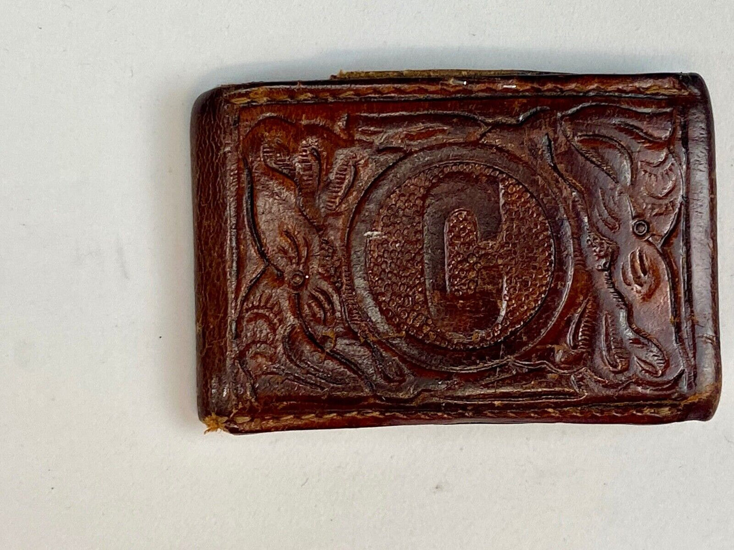 Vintage Leather stitched initial letter monogram C belt buckle 