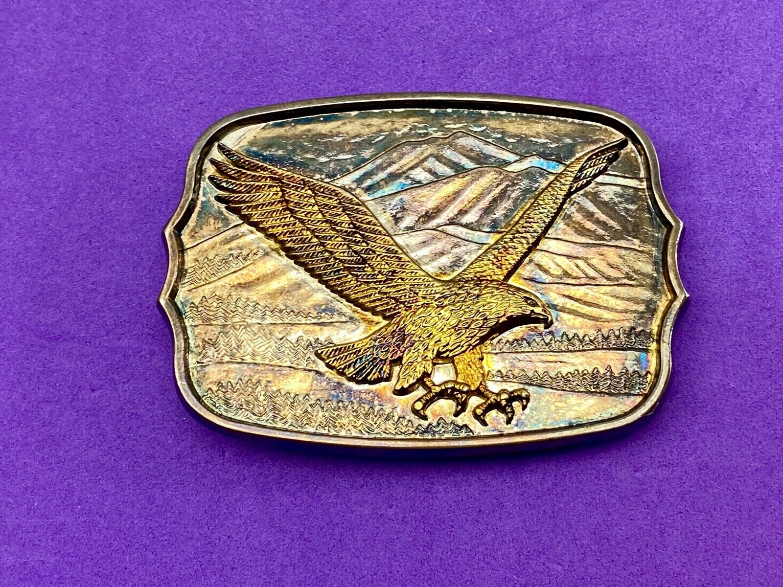 Vintage Gold & Silver Tone Flying American Eagle Mountains numbered Belt Buckle