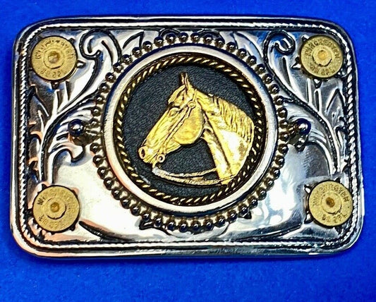 Vintage Horse Head Centered In Western Mixed Metal Belt Buckle Bullets In Corner