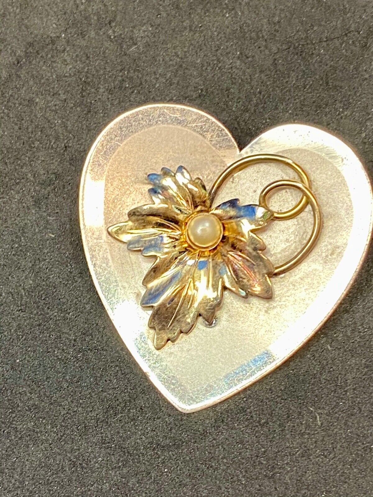 Vintage Heart Shaped Sterling Silver 925 Brooch Pin with Leaf and Pearl 12K GP