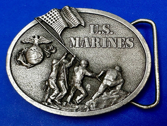 United States Marines Patriotic Raising Flag Vintage 1982 Bergamot Belt Buckle