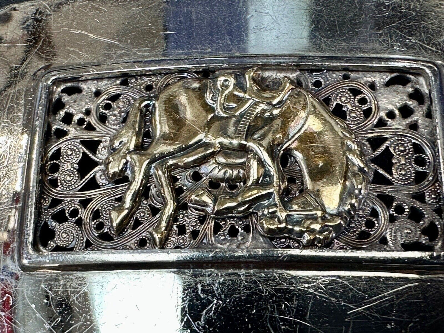 Unique Rodeo Cowboy Horse Saddle Bronc Nickel Silver Mesh Background belt Buckle