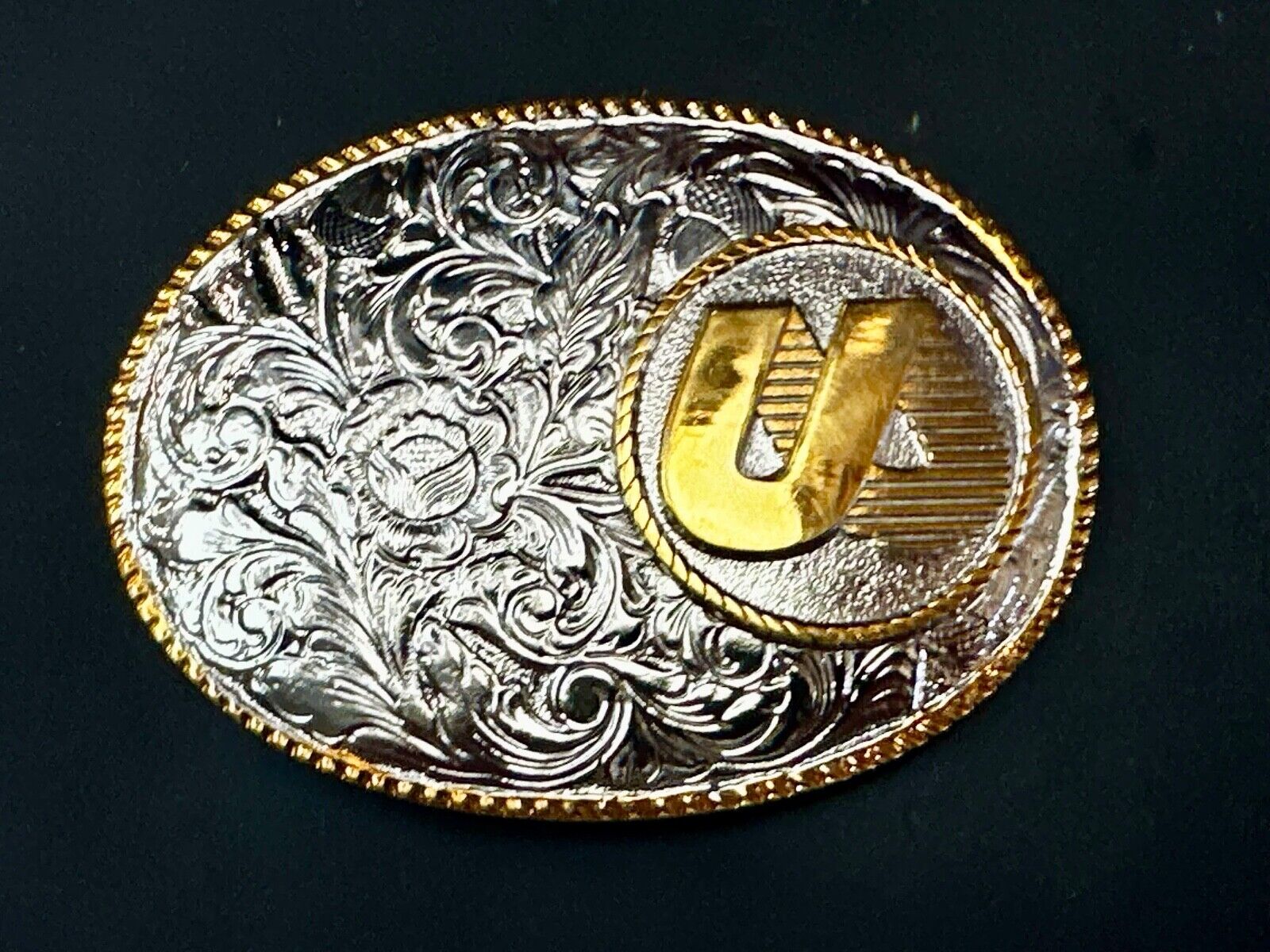 UA Company Logo Floral Flower Design Gold & Silver Tone Vintage Belt Buckle