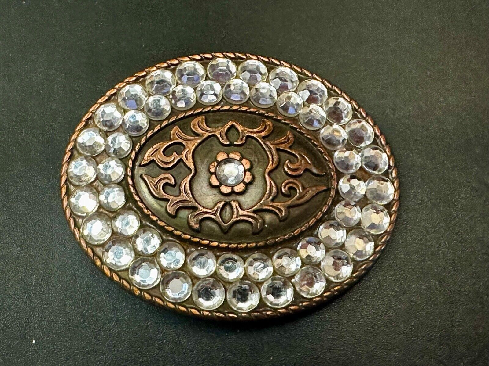 Vintage brown oval floral theme Belt Buckle with Rhinestone surround