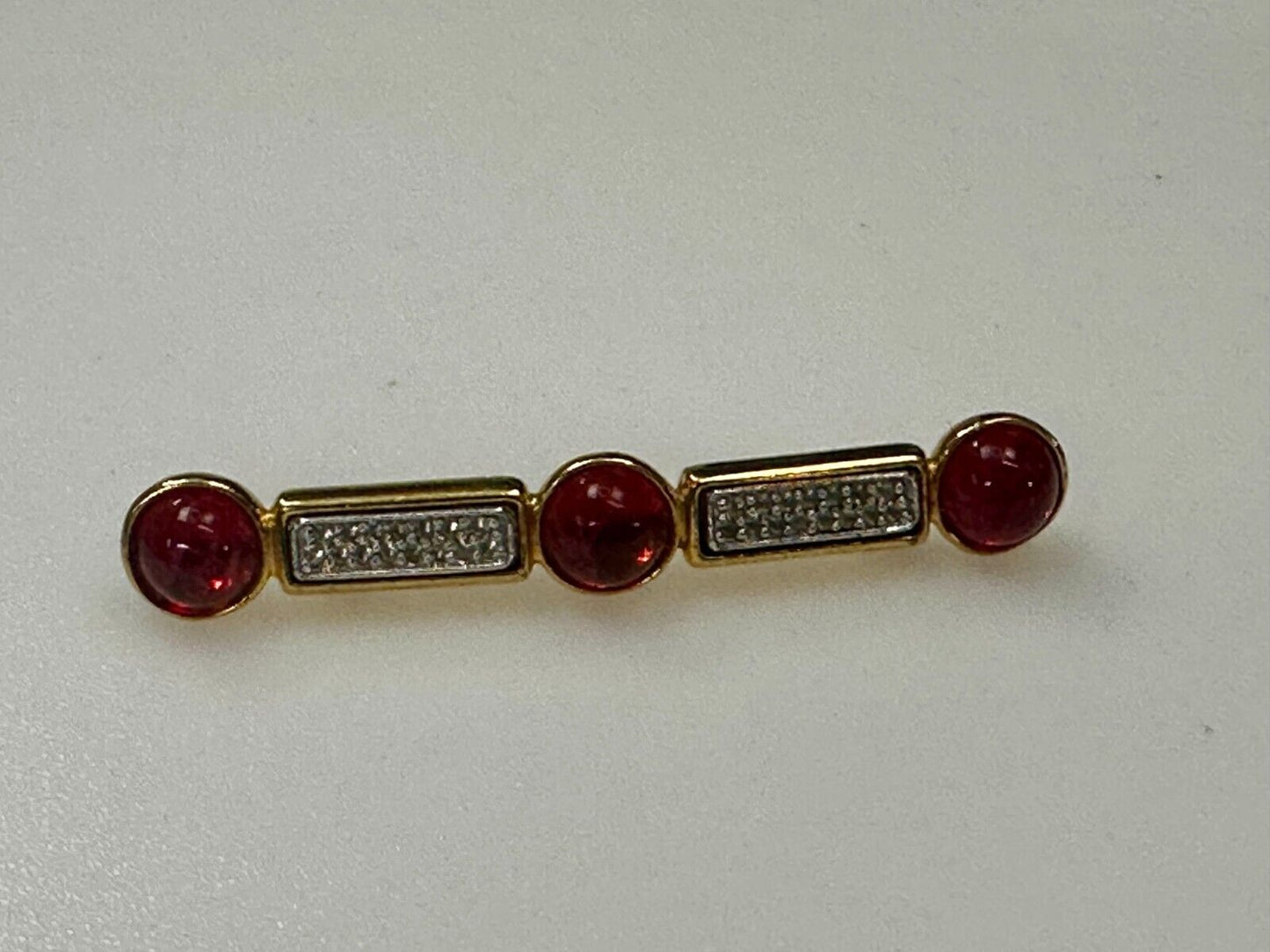 Three Red Round Glass? Vintage Gold Tone Bar Brooch Pin Signed by Ben-Amun