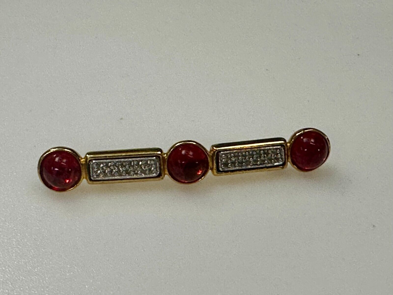Three Red Round Glass? Vintage Gold Tone Bar Brooch Pin Signed by Ben-Amun