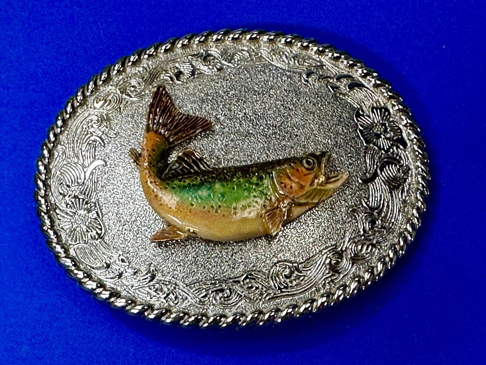 Trout Fish Fisherman Gift Vintage 1978 Oval Belt Buckle by Rain Tree