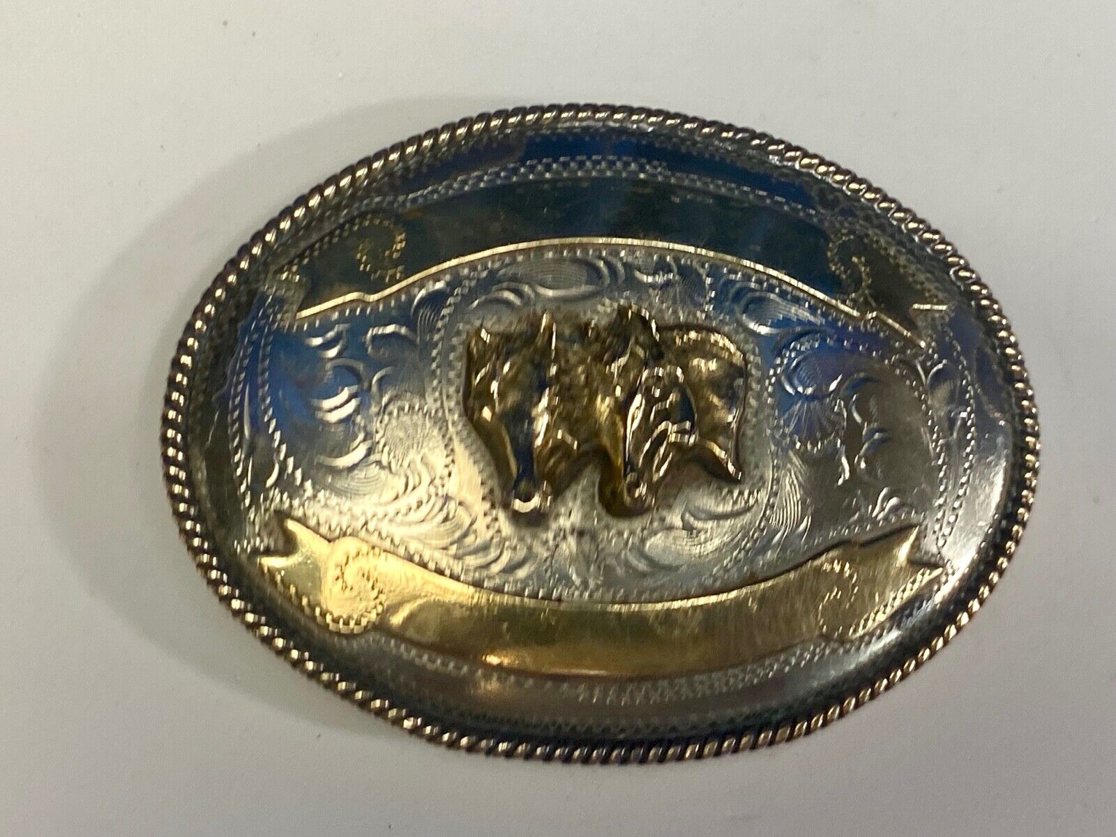 Vintage 4" Three Horse Head's  On Alpaca Mexico Belt Buckle Blank Trophy Scroll 
