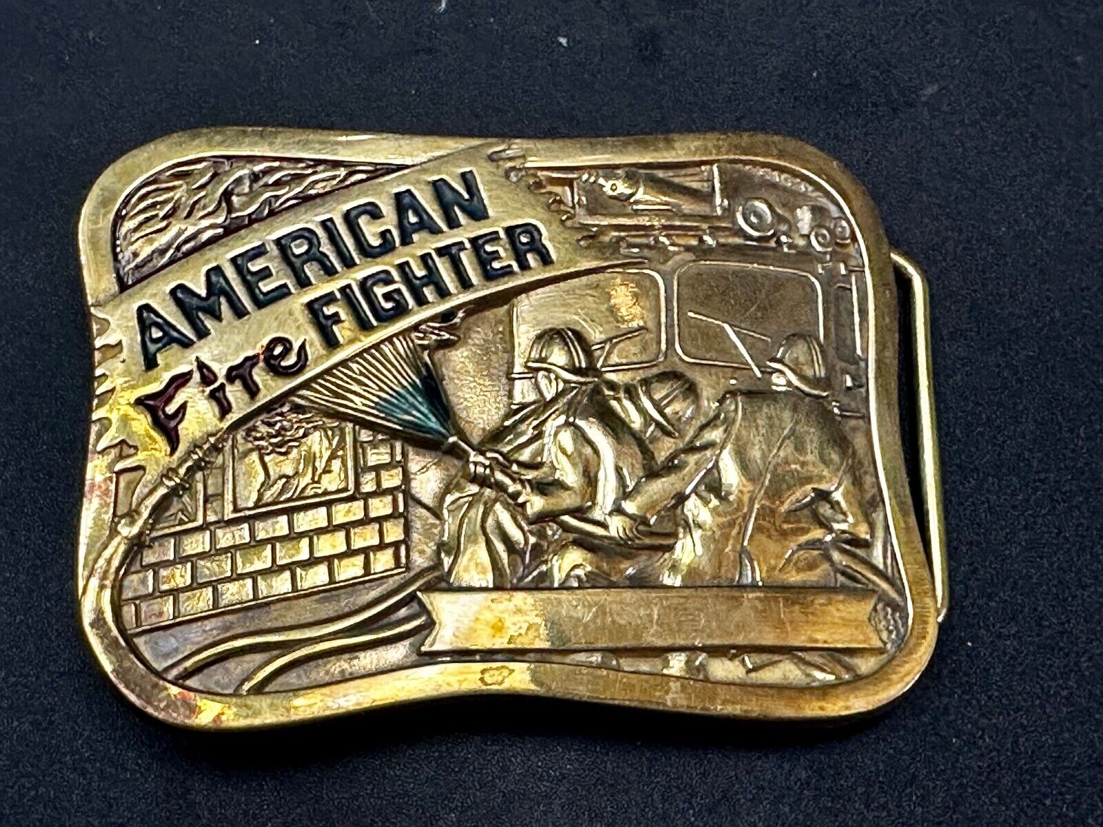 American Firefighters at work putting out fire Vintage 1981 Baron Belt Buckle