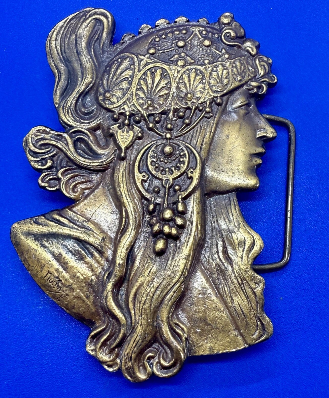 Alphonse Mucha Art Nouveau Boho Hippy Vibe Brass Tone Bergamot Belt Buckle E-60
