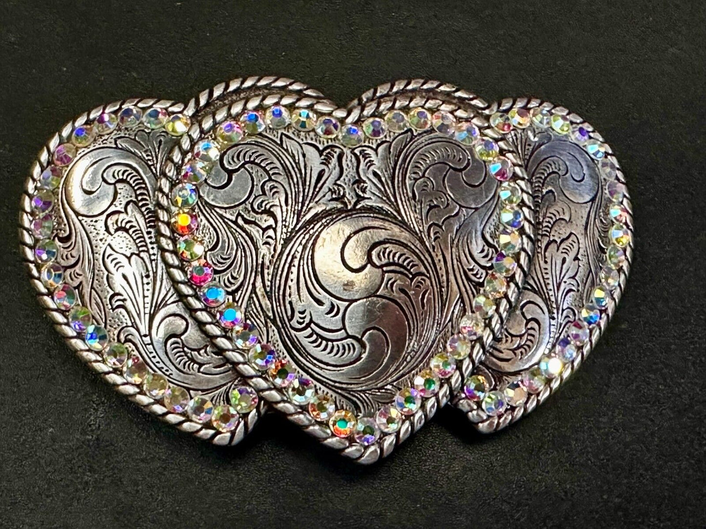 Triple / 3 Hearts - Rhinestone accented Silver tone cutout western Belt Buckle